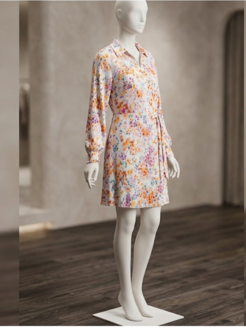 H&M White Mini Shirt Dress with Orange and Pink Floral Print